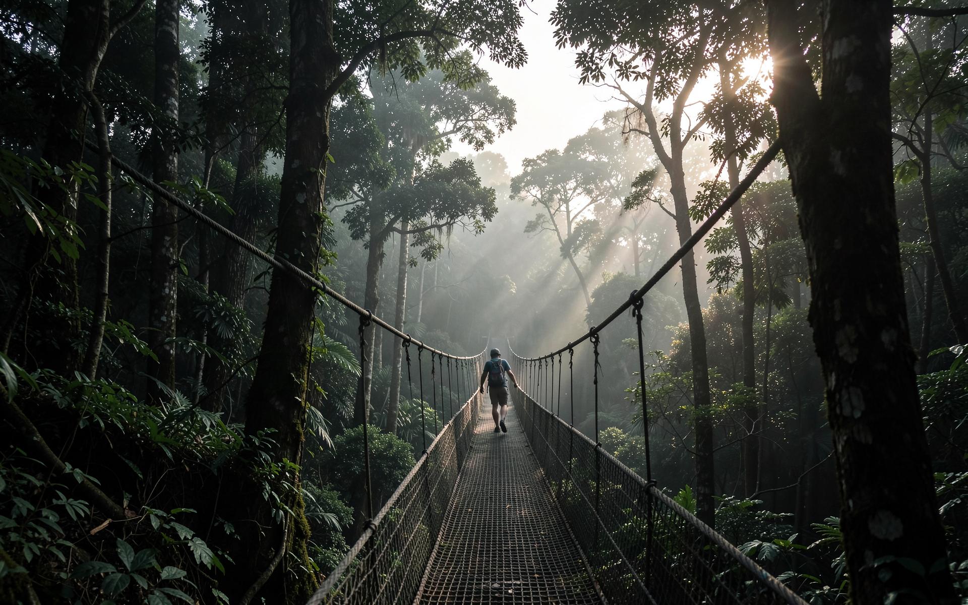 Misty rainforest canopy walkway in Nyungwe National Park